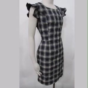 Bar III XS white blue plaid tartan flutter ruffle sleeve sheath dress duchess